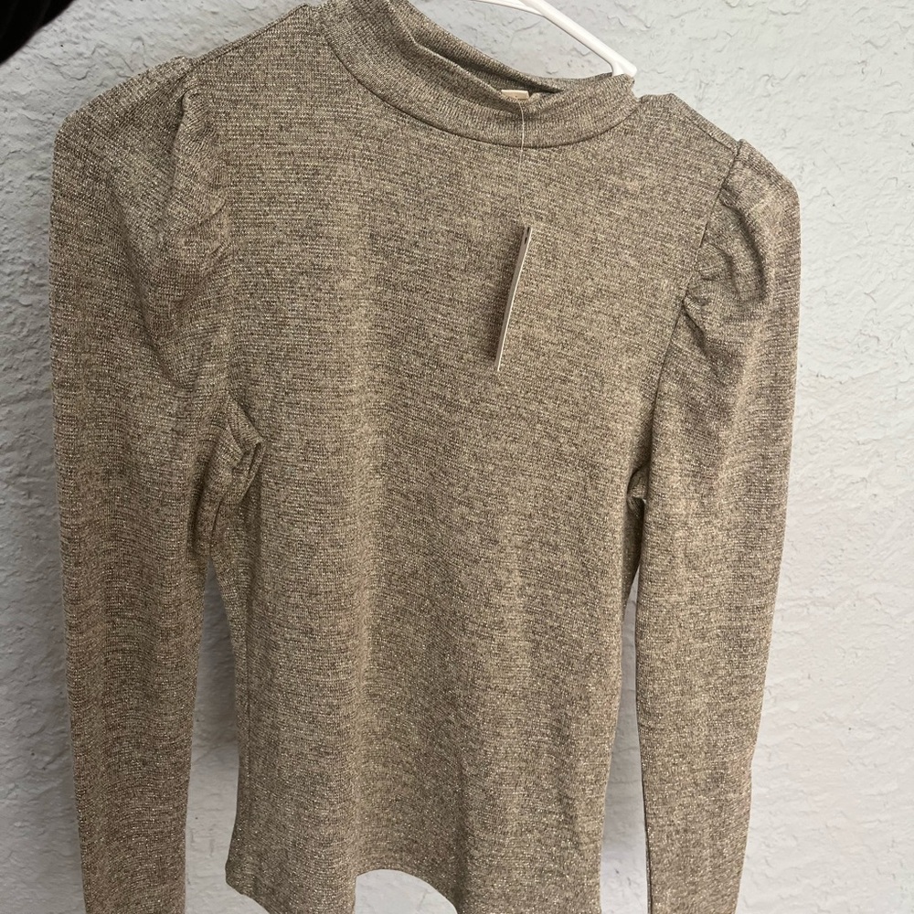 Anthropologie Tan Cream Blouse with Puff Sleeves